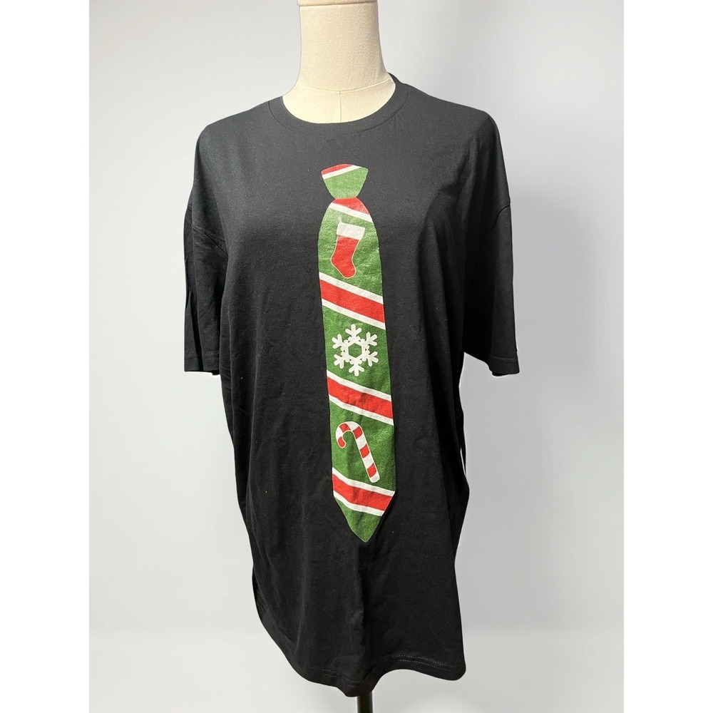 Fun holiday novelty tee featuring a printed Christmas tie with festive designs